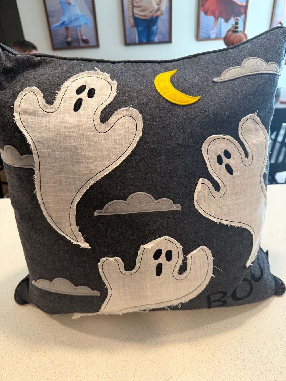 Cynthia Rowley Curious Halloween Ghost Pillow 18x18 Gray Felt Boo Moon